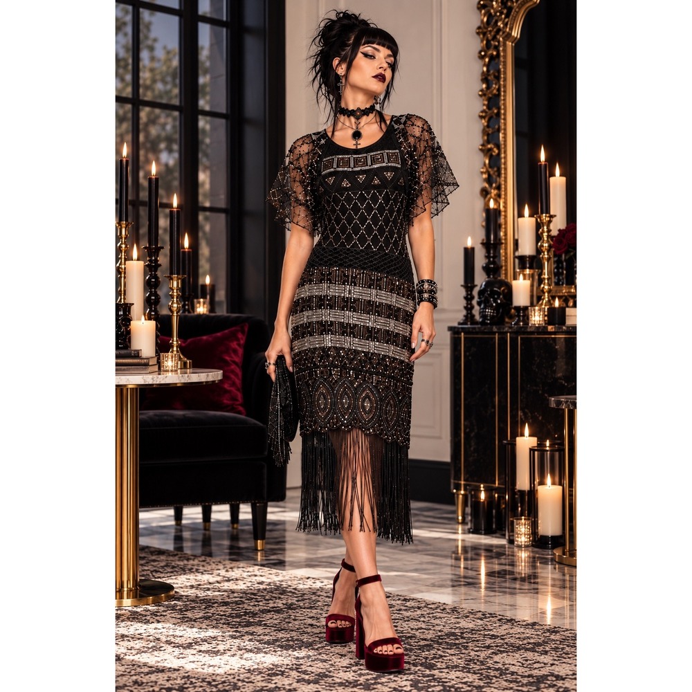 Unique Vintage Black Sequin Fringe Cocktail Dress Art Deco M
